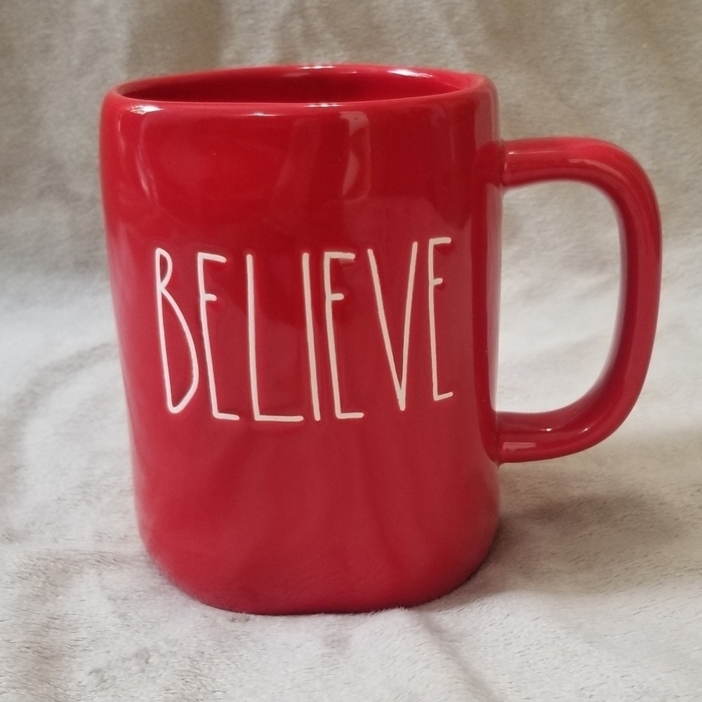 Rae Dunn Believe Christmas Seasonal Holiday Coffee Mug. Red w/ White Letters NWT